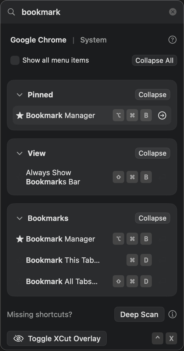 XCut in action showing menu shortcuts